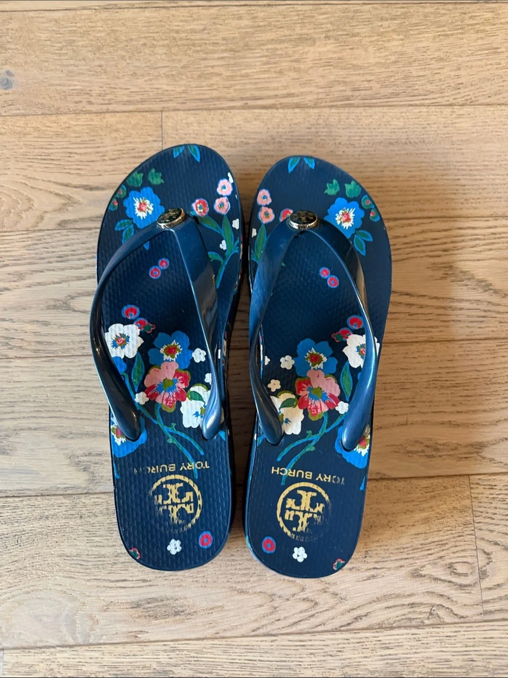 Tory Burch Navy Floral Flip Flop Sandals